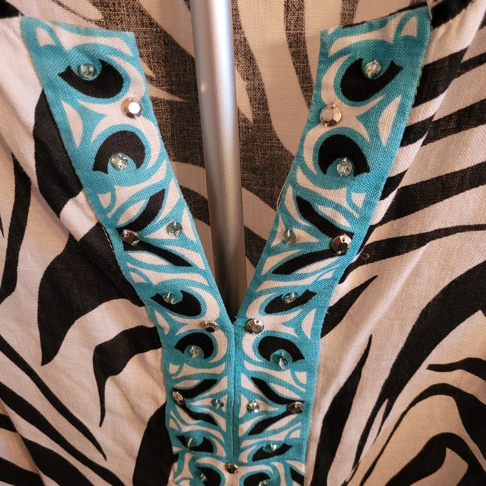 JM Collection Zebra Print Linen Tunic with Turquoise Accents - Picture 2 of 3